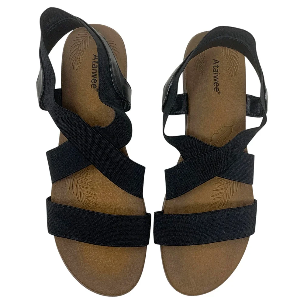 New Black Comfort Strappy Stretch Sandals Elastic Slip On Lightweight Sz 12